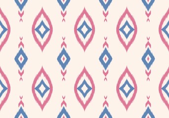 Seamless pattern tribal art Ikat Ogee  in traditional classic blue and pink on cream color background . Abstract background for textile design, wallpaper, surface textures. Boho Style.