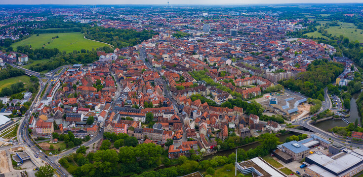 Aerial view of the city Fürth in Germany, Bavaria on a sunny spring day	