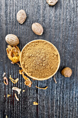 Nutmeg round in bowl on dark board top