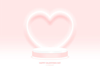 Stage podium decorated with heart shape lighting. Pedestal scene with for product, advertising, show, on light pink background. Valentine's day background. Minimal style. Love. Vector illustration.