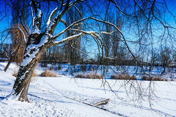 Frozen lake covered with snow in winter