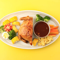 Ayam Kodok Setengah, Half Stuffed Whole Chicken with Meat Inside. Served with Steamed vegetable and Mushroom Sauce