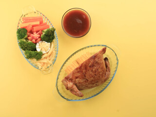 Ayam Kodok Setengah, Half Stuffed Whole Chicken with Meat Inside. Served with Steamed vegetable and Mushroom Sauce