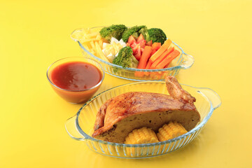 Ayam Kodok Setengah, Half Stuffed Whole Chicken with Meat Inside. Served with Steamed vegetable and Mushroom Sauce