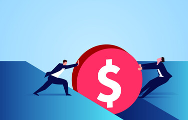 Two businessmen work hard to pull out the gold coin stuck in the crack