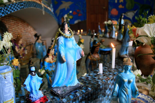 salvador, bahia, brazil - february 5, 2021: adherents of Candomble and admirers of the orisha Yemanja seen at the sanctuary in the fishing colony in the neighborhood of Rio Vermelho, in the city of Sa