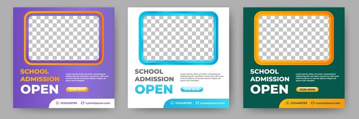 Set of Editable school admission promotion banner. Banner design with a green, white, and purple color background. Suitable for social media, banners, and web internet ads.