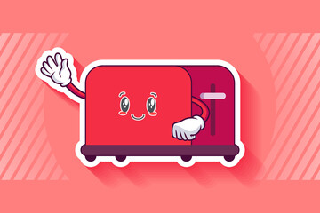 SLIGHTLY SMILE FACE, SLIGHTLY, SMILING, SMILE Face Emotion. Waving Hand Gesture. Toaster Cartoon Drawing Mascot Illustration.