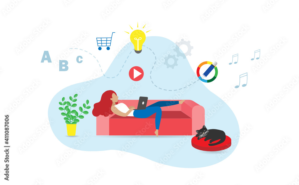 Poster woman lay down on sofa learning new skills and knowledges from laptop computer at home with sleeping