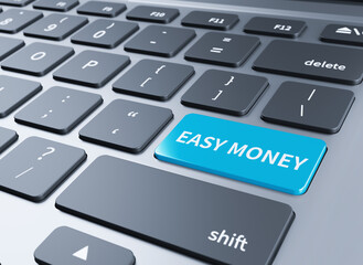 close up of a white and pink laptop keyboard with "easy money" buttons.3d illustration