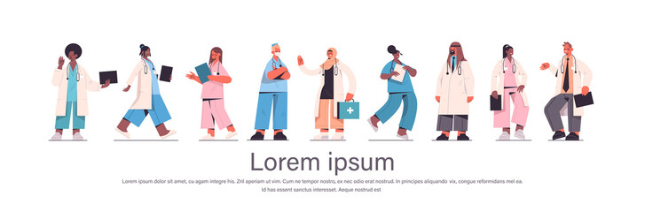 set male female doctors in uniform mix race medical workers collection healthcare medicine concept isolated horizontal full length copy space vector illustration