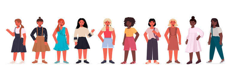 set happy mix race children little girls in casual trendy clothes female cartoon characters collection full length isolated horizontal vector illustration