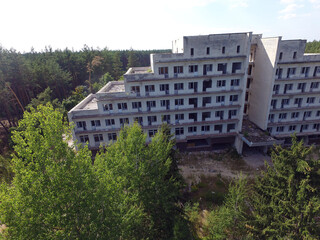 Ghost town in Eastern Europe (aerial drone image). Modern ruins. Kiev region. Ukraine