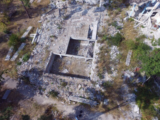 Ghost town in Eastern Europe (aerial drone image). Modern ruins. Kiev region. Ukraine