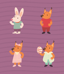 Happy easter rabbit and foxes cartoons and with egg vector design