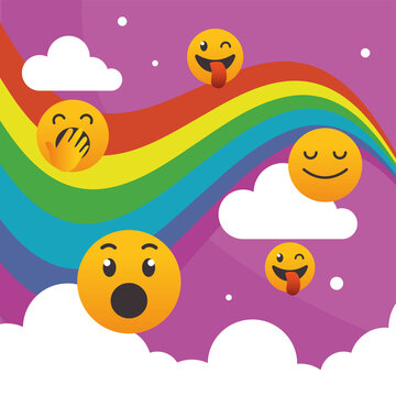 Happy emojis faces set with rainbow and clouds vector design