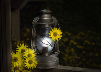 Still life with yellow flowers and an old kerosene lamp in the garden.