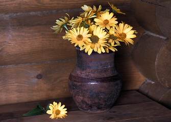 Still life with yellow flowers in an old clay jug on a wooden background.
