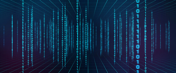 Binay data 0 and 1 matrix code chains tunnel background illustration. hi tech style digital number computer technology.