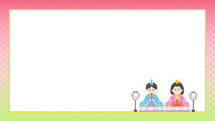 ひな祭り お雛様 お内裏様 背景素材 ピンク緑グラデ枠 横位置 16:9サイズ