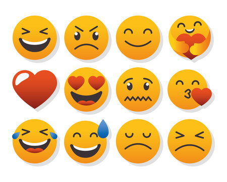 heart and cartoon emojis icon set, colorful design
