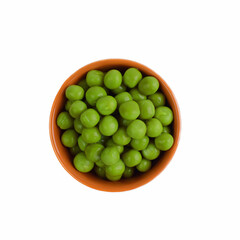 Canned green peas in a plate on a white background.