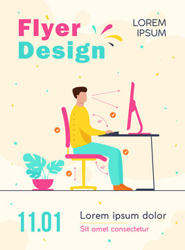 Instruction For Correct Pose During Office Work Flat Vector Illustration. Cartoon Worker Sitting At Desk With Right Posture For Healthy Back And Looking At Computer. Health And Ergonomics Concept