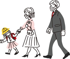 小学校の入学式に向かうマスクをした家族