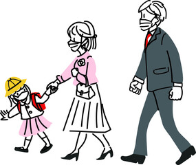 小学校の入学式に向かうマスクをした家族