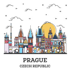Obraz na płótnie Canvas Outline Prague Czech Republic City Skyline with Colored Historic Buildings Isolated on White.