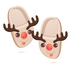 Christmas Pair of Home Cute Children's Slippers in the Form of a Deer Isolated on White.