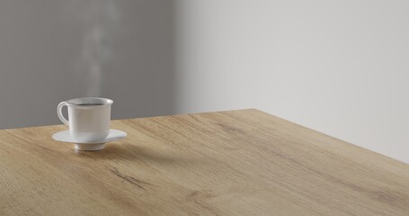 3d render coffee cup with smoke on wood table. minimal workspace. wall concept template. hot coffee in mug. cafe and resturant template.