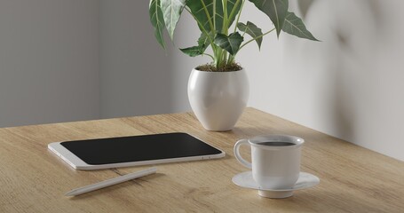 3d render coffee cup, green plant and tablet pencil on wood table. minimal workspace. wall concept template. hot coffee in mug. cafe and resturant template.