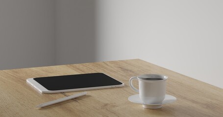 3d render coffee cup and tablet pencil on wood table. minimal workspace. wall concept template. hot coffee in mug. cafe and resturant template.