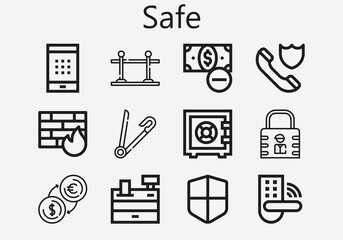 Premium set of safe [S] icons. Simple safe icon pack. Stroke vector illustration on a white background. Modern outline style icons collection of Money, Safety pin, Padlock, Insurance, Safebox