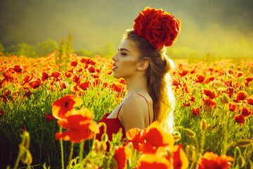 Naklejka premium Fashion spring woman on the poppy field.
