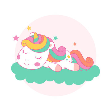 Cute unicorn sleeping on a cloud cartoon kawaii style © maniacvector
