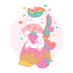 Obraz na płótnie Canvas Cute happy unicorn cartoon with sweet cake kawaii style