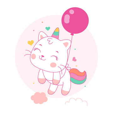 Cute cat unicorn cartoon fly with balloons kawaii style