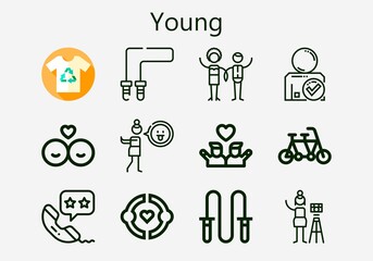 Premium set of young [S] icons. Simple young icon pack. Stroke vector illustration on a white background. Modern outline style icons collection of Friendship, Disgusted, Shirt, Friend, Friends