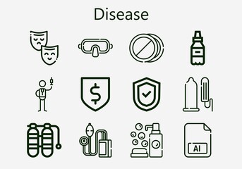 Premium set of disease [S] icons. Simple disease icon pack. Stroke vector illustration on a white background. Modern outline style icons collection of Medicine, Pills, Shield, Condom, Illustrator