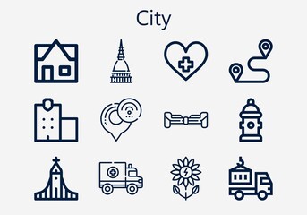 Premium set of city [S] icons. Simple city icon pack. Stroke vector illustration on a white background. Modern outline style icons collection of Police station, Ambulance, Green power, Hallgrimskirkja