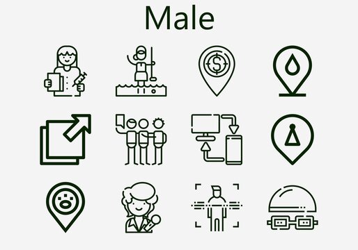 Premium set of male [S] icons. Simple male icon pack. Stroke vector illustration on a white background. Modern outline style icons collection of Foreign, Placeholder, Singer, Talking, Golfer