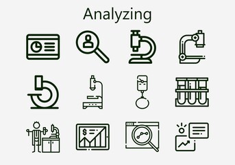 Premium set of analyzing [S] icons. Simple analyzing icon pack. Stroke vector illustration on a white background. Modern outline style icons collection of Microscope, Blood sample, Graph