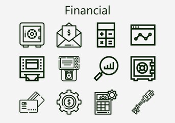 Premium set of financial [S] icons. Simple financial icon pack. Stroke vector illustration on a white background. Modern outline style icons collection of Invoice, Safe deposit, Dollar, Safebox
