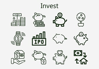 Fototapeta premium Premium set of invest [S] icons. Simple invest icon pack. Stroke vector illustration on a white background. Modern outline style icons collection of Money tree, Mortgage, Piggy bank, Ipo