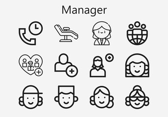 Premium set of manager [S] icons. Simple manager icon pack. Stroke vector illustration on a white background. Modern outline style icons collection of Receptionist, Add, Add user, Support, Leader