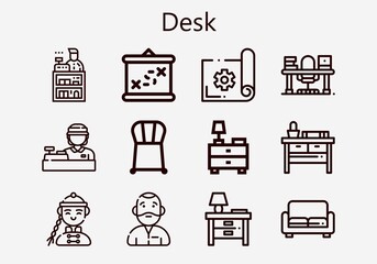 Premium set of desk [S] icons. Simple desk icon pack. Stroke vector illustration on a white background. Modern outline style icons collection of Sofa, Boarding, Study, Chair, Clerk, Planning