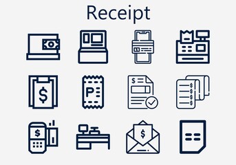 Premium set of receipt [S] icons. Simple receipt icon pack. Stroke vector illustration on a white background. Modern outline style icons collection of Invoice, Online payment, Cash register, Bill