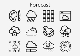 Premium set of forecast [S] icons. Simple forecast icon pack. Stroke vector illustration on a white background. Modern outline style icons collection of Palette, Storm, Rain, Sun cloud, Cloud